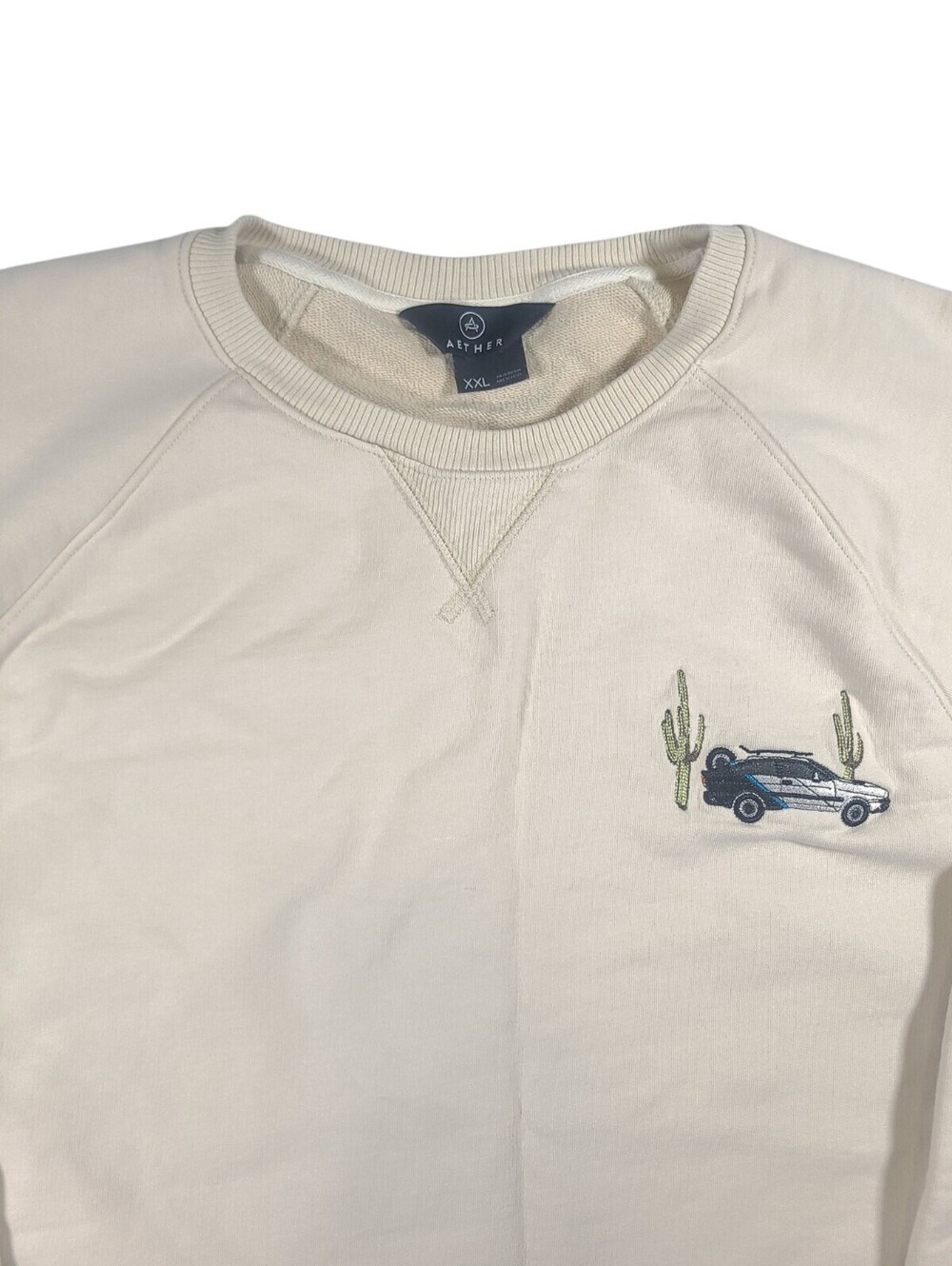 Aether XXL Cream Crewneck Sweatshirt Embroidered Car Cactus Graphic Heavyweight